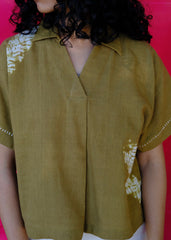 Saath Saath | Olive Green Kala Cotton Leaf Shibori Top