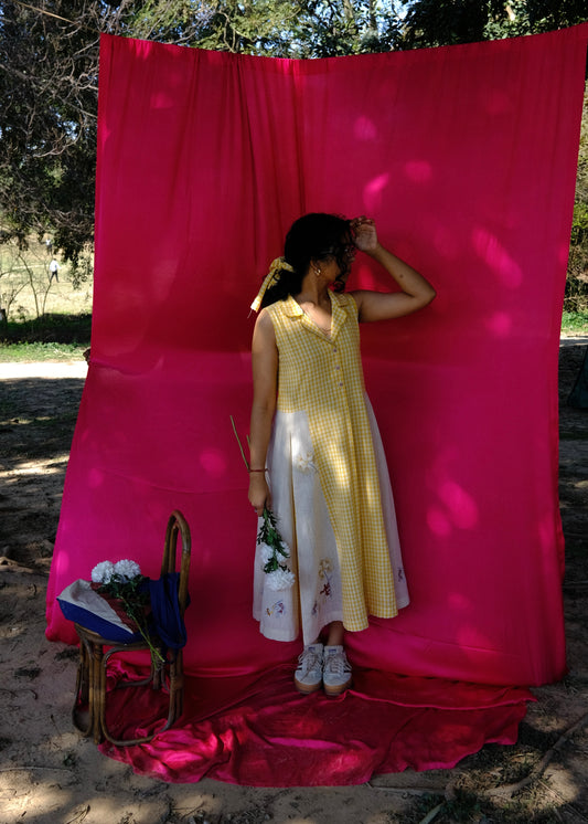 Saath Saath | Daffodil Yellow Check Kala Cotton Midi Dress