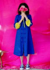 Saath Saath | Prussian Blue Kala Cotton Midi Dress with Pankou Buttons