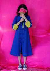 Saath Saath | Prussian Blue Kala Cotton Midi Dress with Pankou Buttons