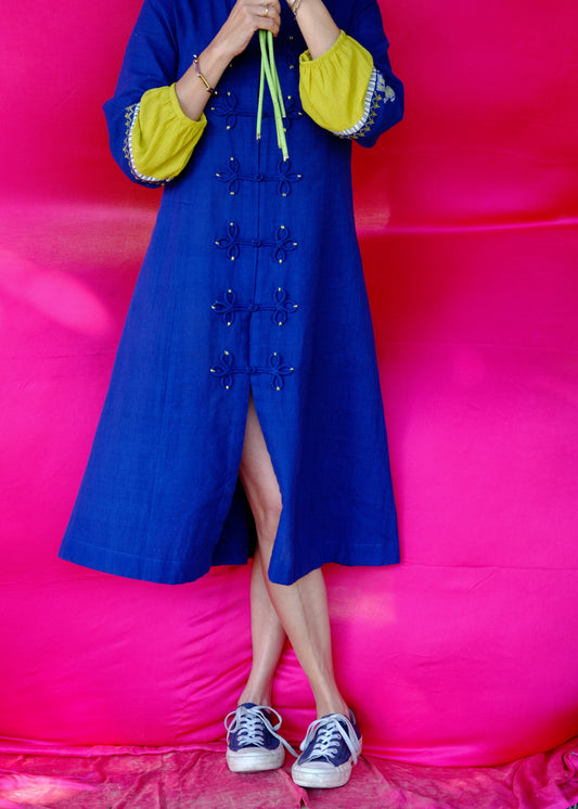 Saath Saath | Prussian Blue Kala Cotton Midi Dress with Pankou Buttons