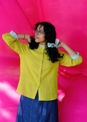 Saath Saath | Chartreuse Kala Cotton Check Frill Collar Top with Warli Motifs