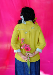 Saath Saath | Chartreuse Kala Cotton Check Frill Collar Top with Warli Motifs