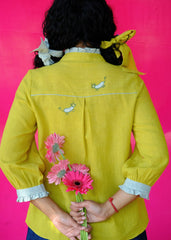 Saath Saath | Chartreuse Kala Cotton Check Frill Collar Top with Warli Motifs