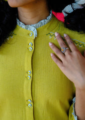 Saath Saath | Chartreuse Kala Cotton Check Frill Collar Top with Warli Motifs