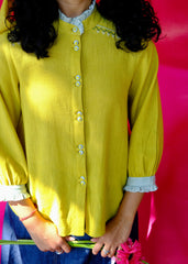 Saath Saath | Chartreuse Kala Cotton Check Frill Collar Top with Warli Motifs