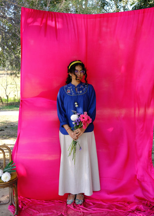 Saath Saath | Prussian Blue Kala Cotton Warli Yoke Top