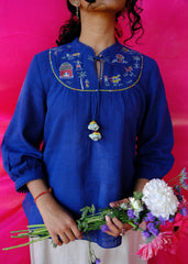 Saath Saath | Prussian Blue Kala Cotton Warli Yoke Top