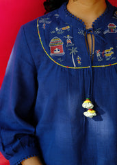Saath Saath | Prussian Blue Kala Cotton Warli Yoke Top