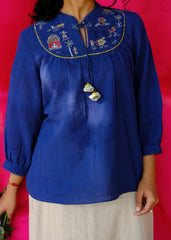 Saath Saath | Prussian Blue Kala Cotton Warli Yoke Top