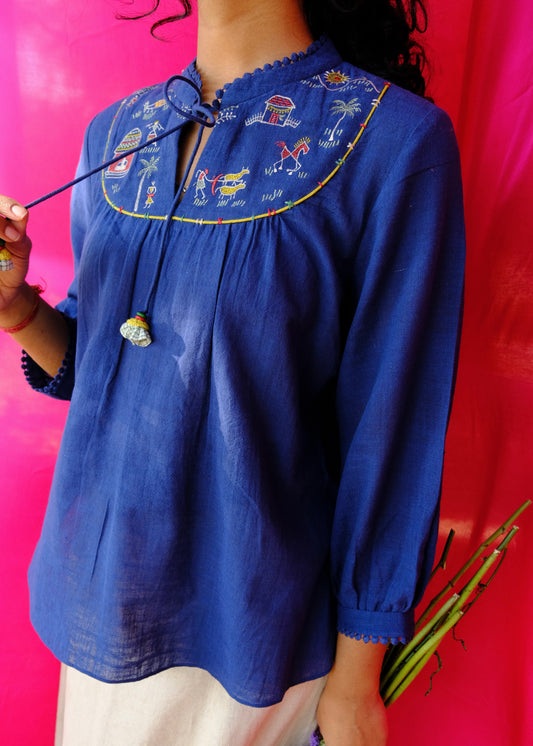 Saath Saath | Prussian Blue Kala Cotton Warli Yoke Top