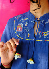 Saath Saath | Prussian Blue Kala Cotton Warli Yoke Top