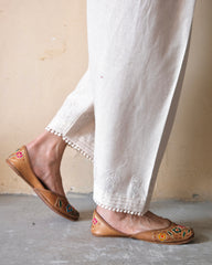 Cream (greige) slub cotton salwar with dori booti embroidery and lace edging