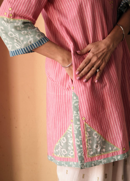 Pink daabu stripes short kurta
