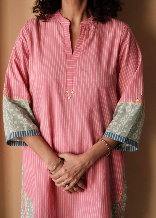 Pink daabu stripes short kurta