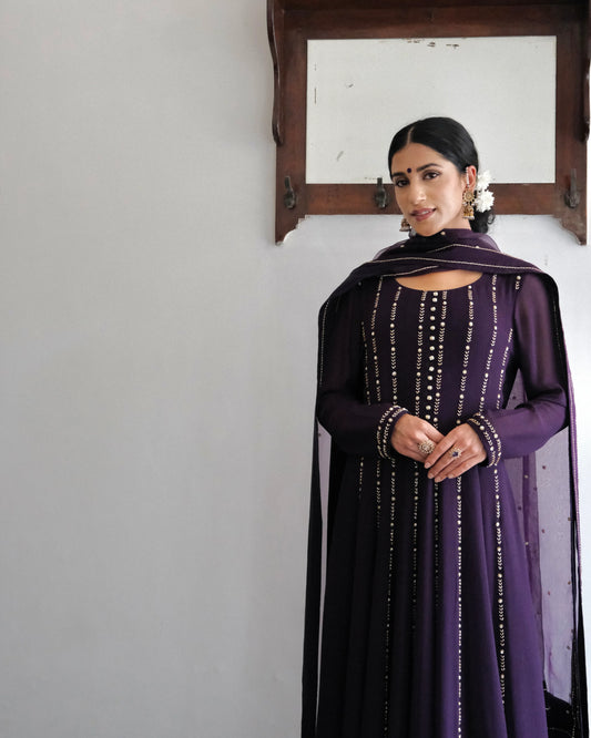 Deep purple anarkali with wide pants and organza dupatta