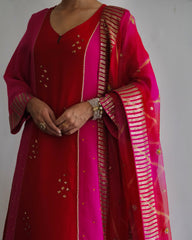 Red fuschia colour block kurta and salwar with lehriya organza dupatta