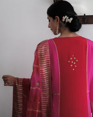 Red fuschia colour block kurta and salwar with lehriya organza dupatta