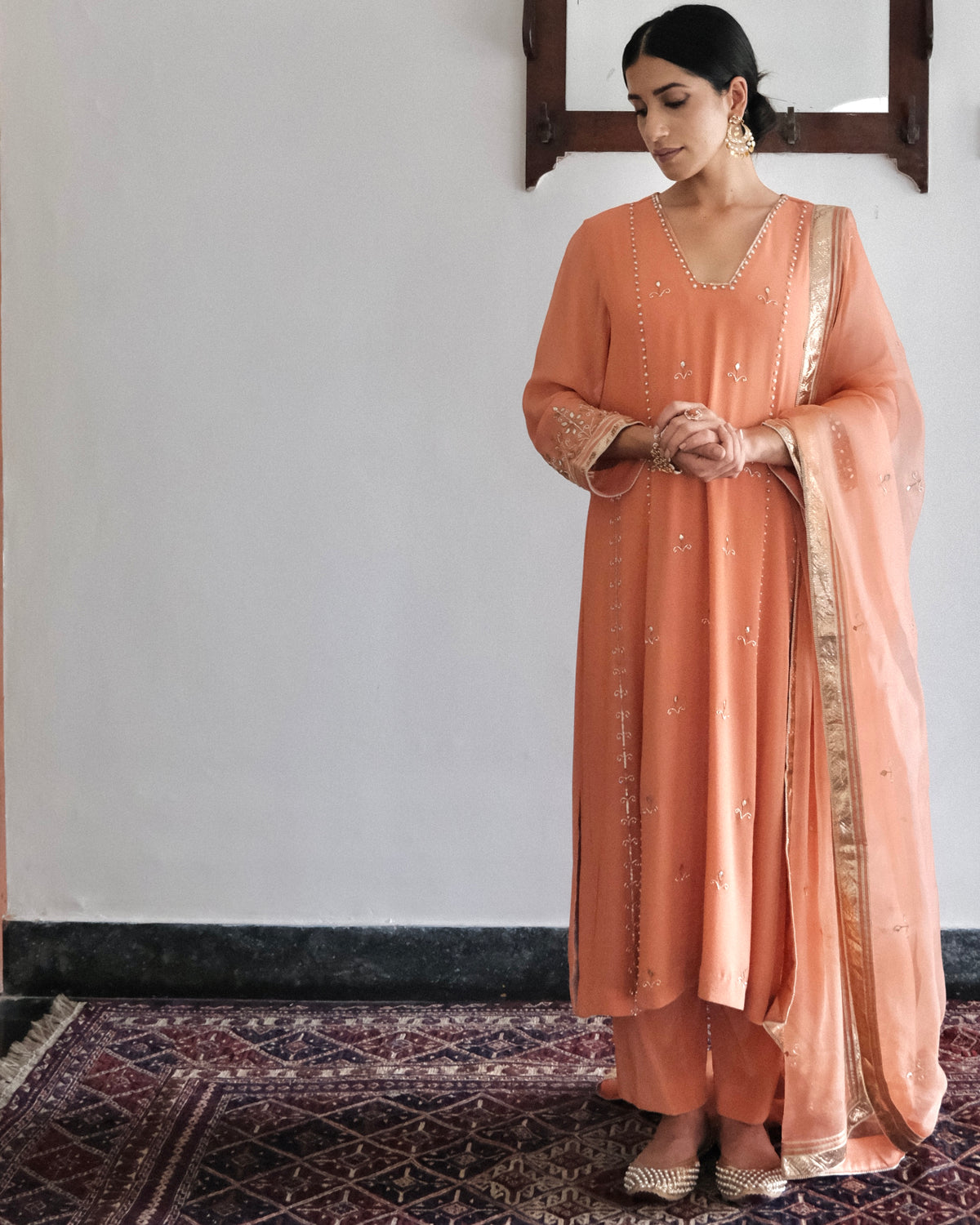Peach gota patti kurta pants set with organza dupatta