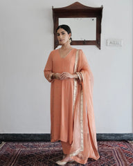 Peach gota patti kurta pants set with organza dupatta