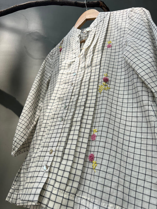Ivory and black windowpane check top with floral embroidery - Sohni