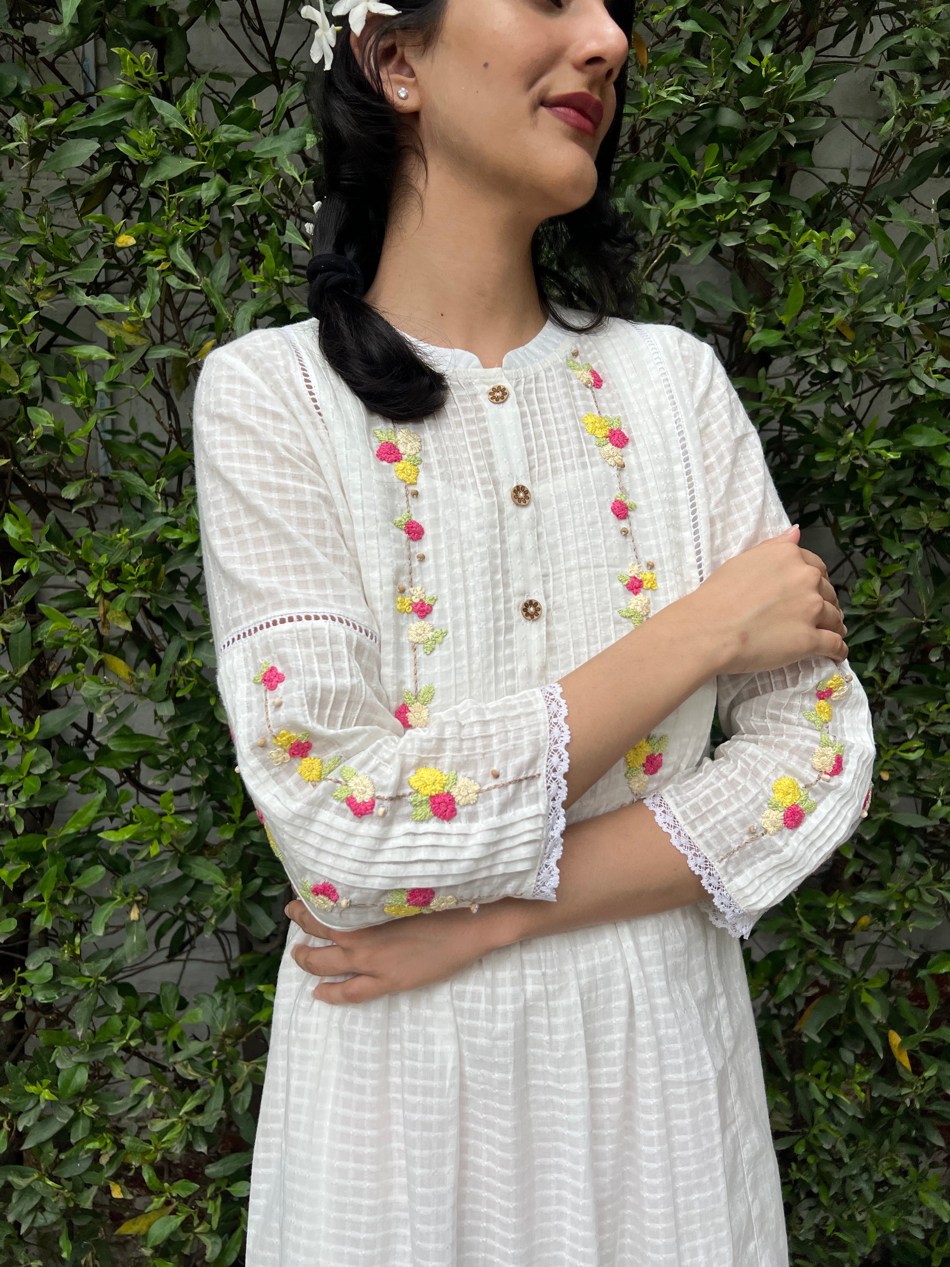 White dobby check midi dress with floral embroidery - Sohni