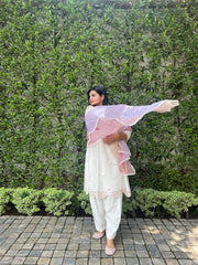 White handloom cotton kurta set with floral scallops embroidery - Sohni