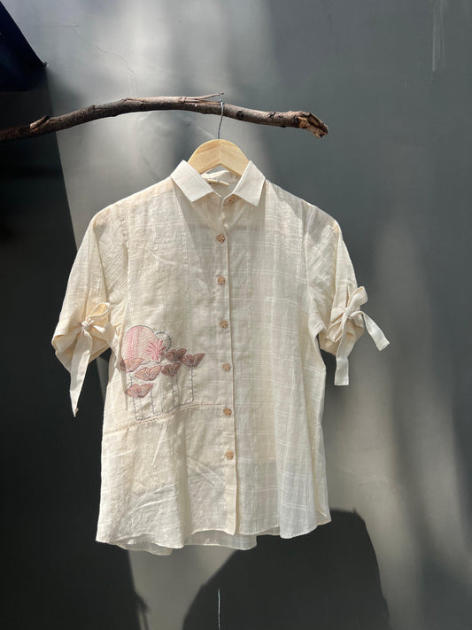 Ivory dobby check top with appliqué flowers embroidery - Sohni