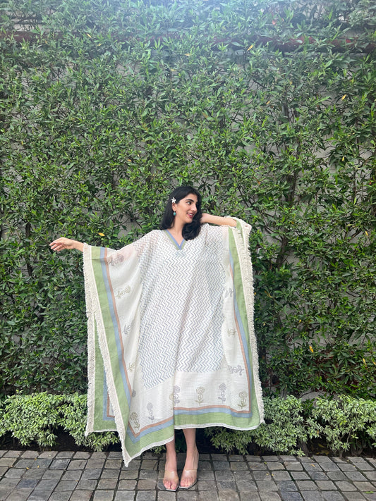 Cream dobby check block print kaftaan - Sohni