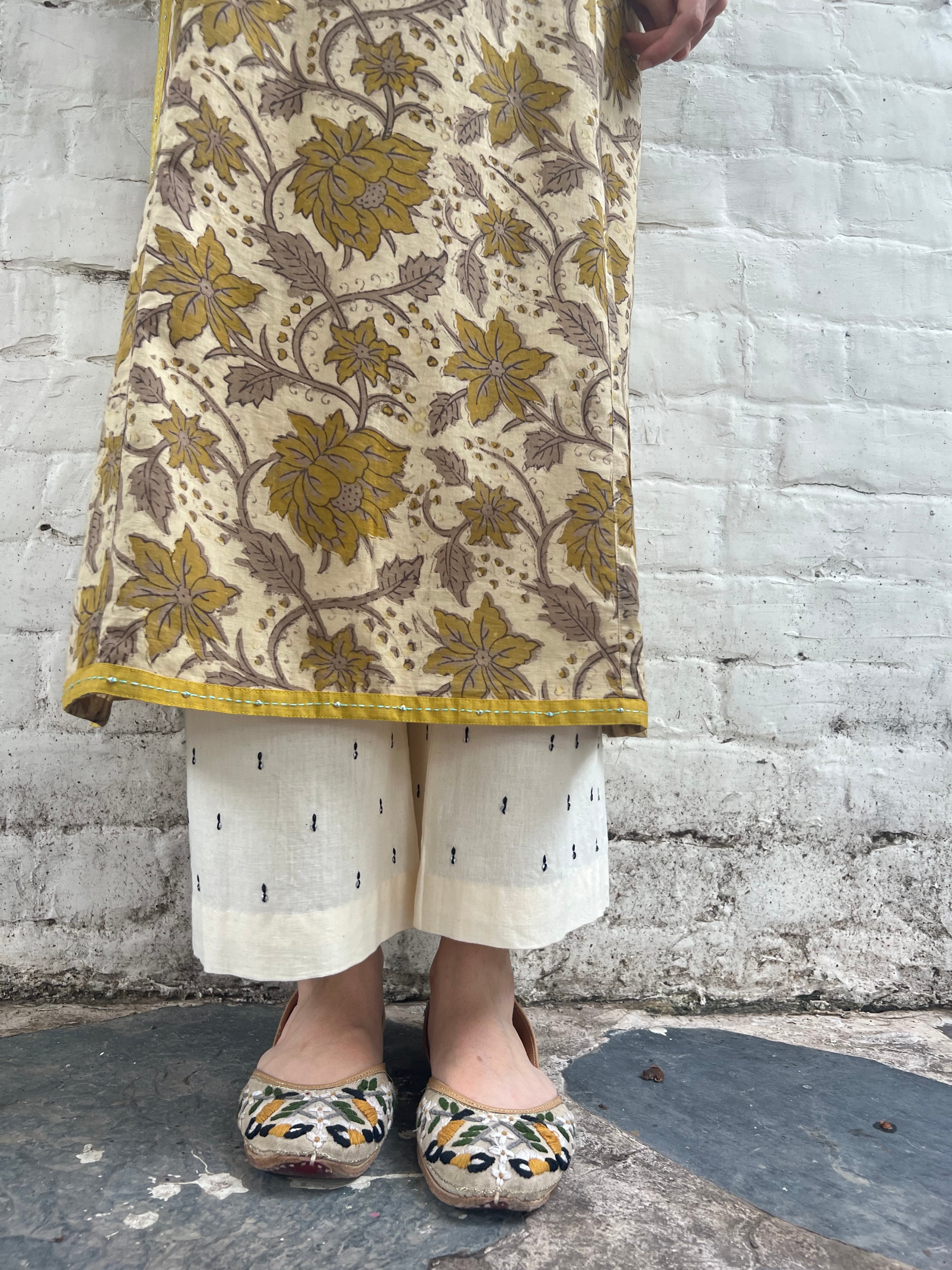 Cream urmul cotton palazzos with lazy Daisy embroidery - Sohni