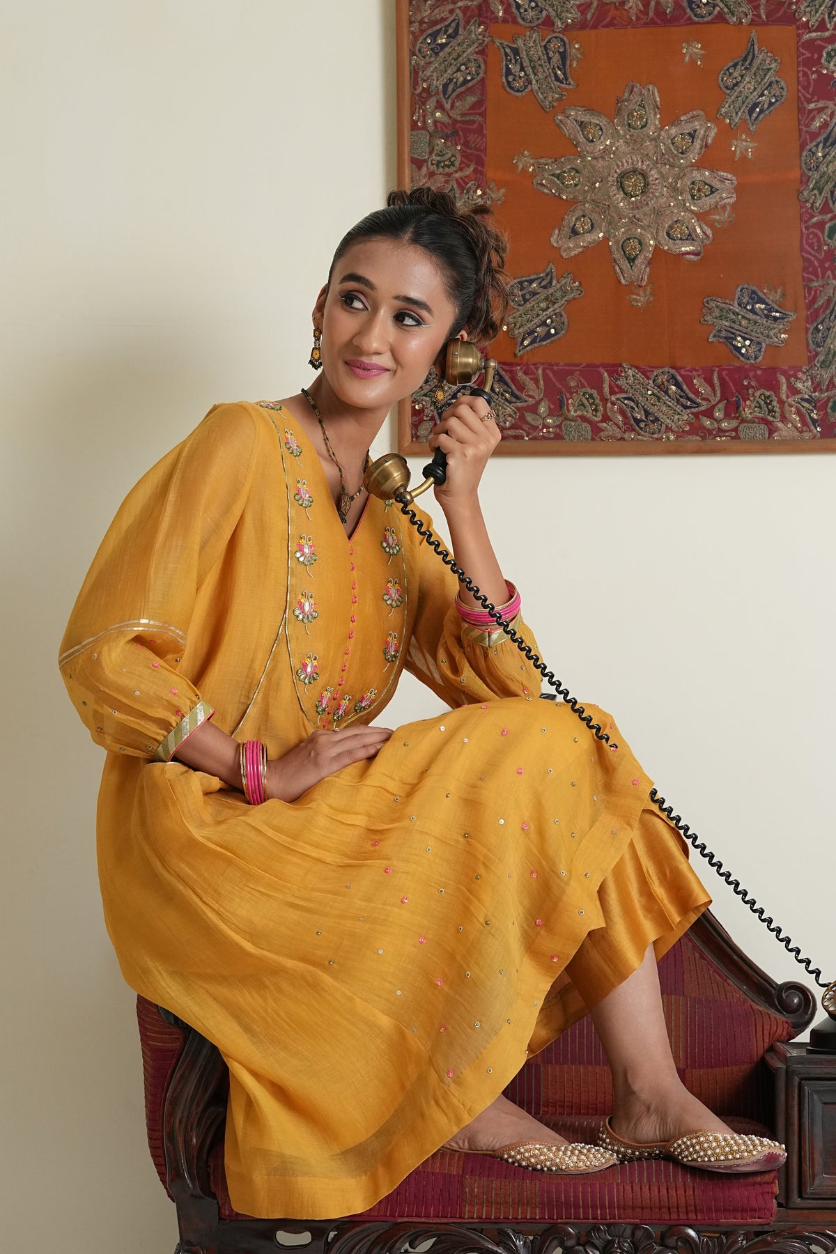 Marigold mul chanderi gota patti long co ord set