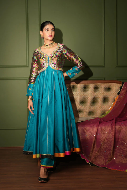Peacock silk anarkali set with black kimkhwab bodice - Sohni