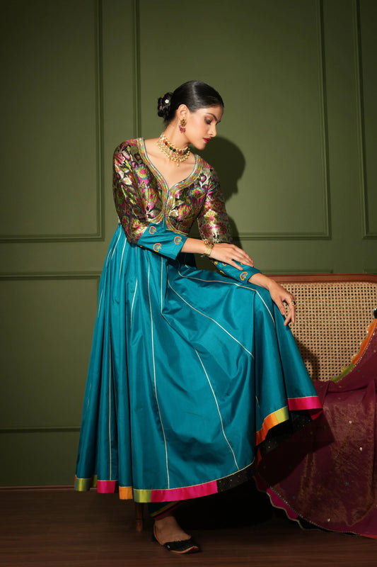 Peacock silk anarkali set with black kimkhwab bodice - Sohni