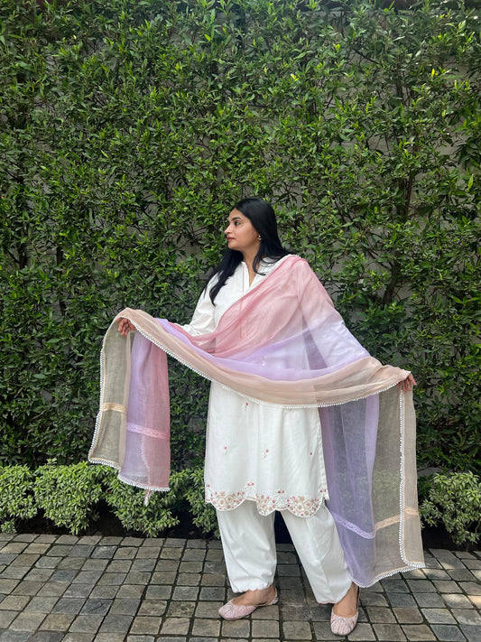 White handloom cotton kurta set with floral scallops embroidery - Sohni