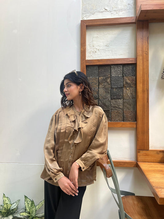 Brass gold modal silk top with ruffles and pleats - Sohni