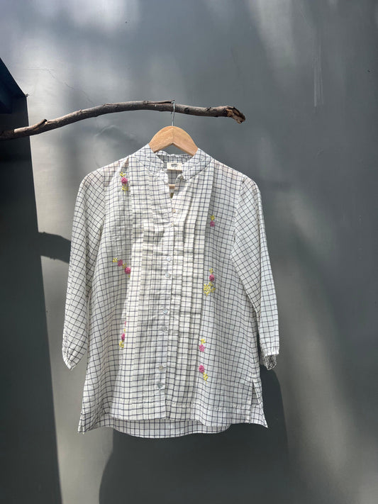 Ivory and black windowpane check top with floral embroidery - Sohni