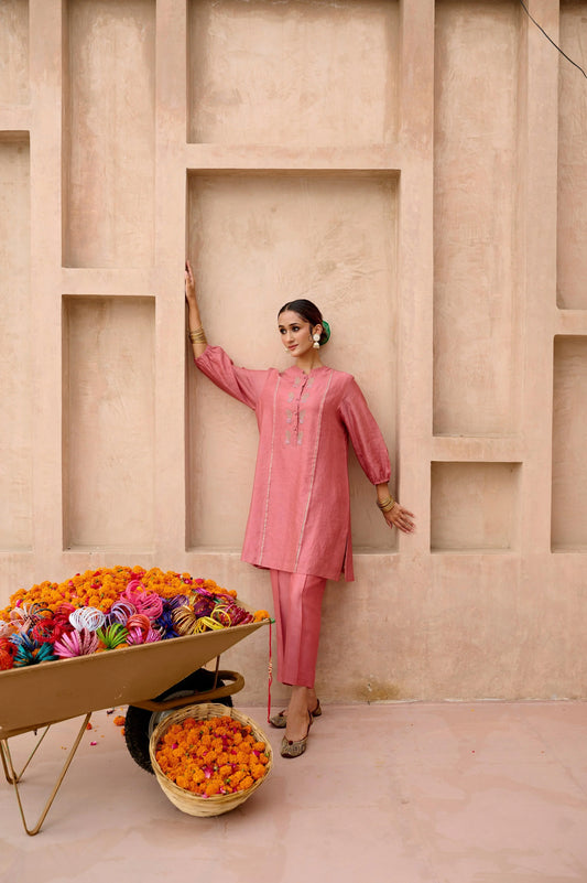 Rose pink tissue chanderi co ord set with mughal booti embroidery - Sohni
