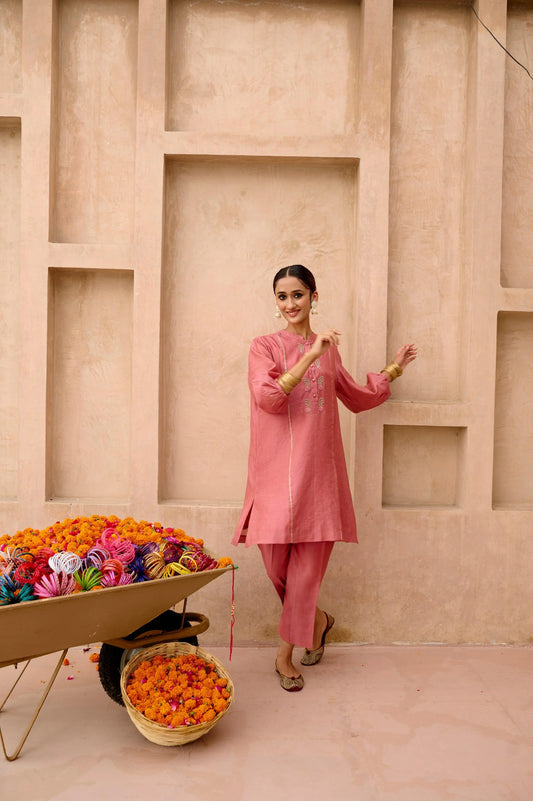 Rose pink tissue chanderi co ord set with mughal booti embroidery - Sohni