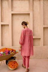 Rose pink tissue chanderi co ord set with mughal booti embroidery - Sohni