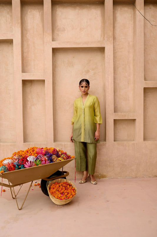 Green ombré chanderi co ord set with geometric embroidery - Sohni
