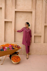 Plum co ord set with embroidered yoke and pleated frill - Sohni