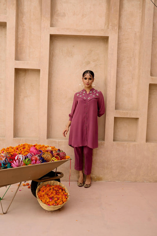 Plum co ord set with embroidered yoke and pleated frill - Sohni