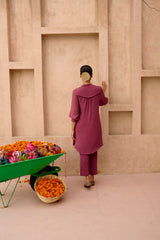 Plum co ord set with embroidered yoke and pleated frill - Sohni