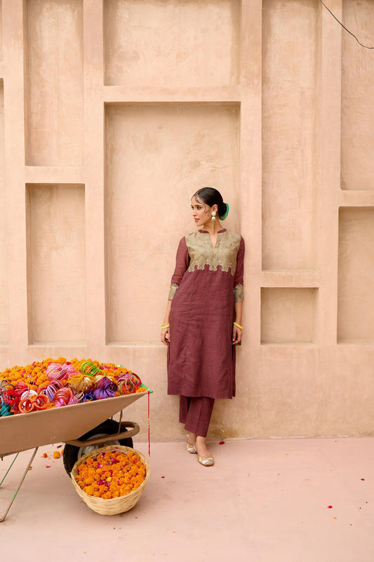 Burgundy handloom cotton co ord set with appliqué ajrakh yoke - Sohni