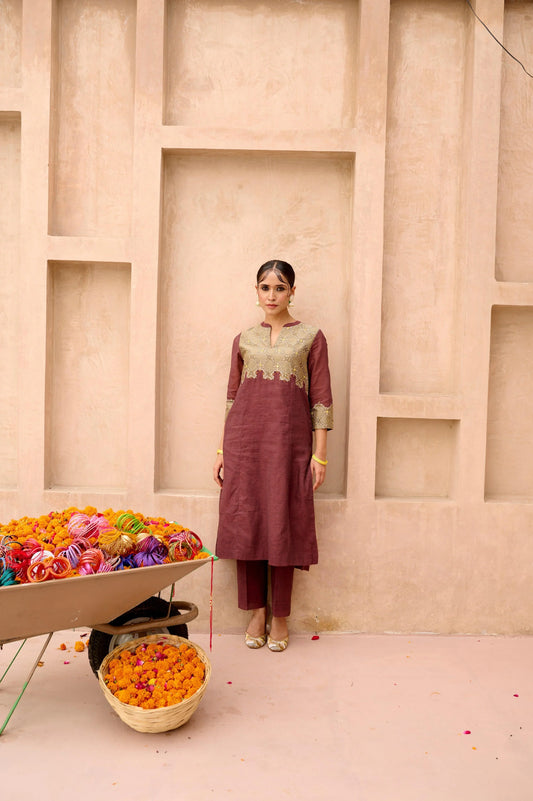 Burgundy handloom cotton co ord set with appliqué ajrakh yoke - Sohni