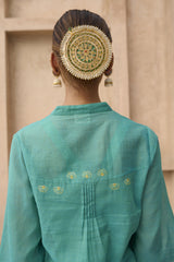 Turquoise handloom co ord set with cross tucked pleats - Sohni