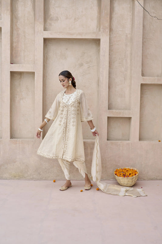 Ivory tissue chanderi overlay set with dhoti salwar - Sohni