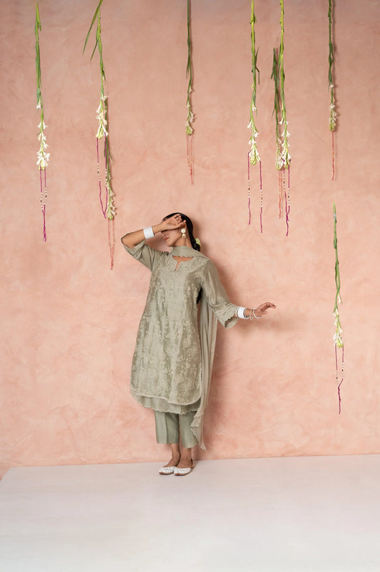 Chanderi floral jaal kurta set with layered hemline - Sohni