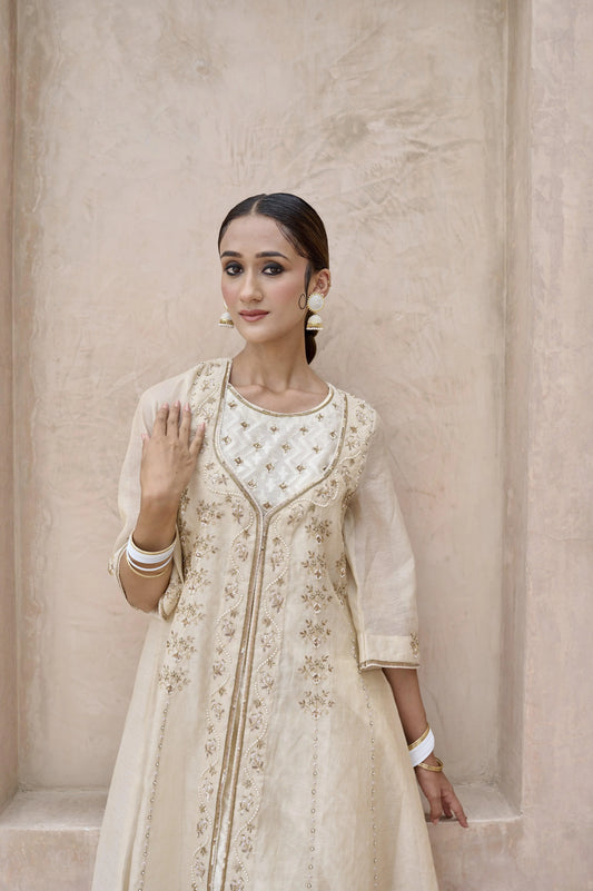 Ivory tissue chanderi overlay set with dhoti salwar - Sohni