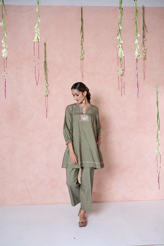 Sage green cotton silk co ord set with birds motif - Sohni